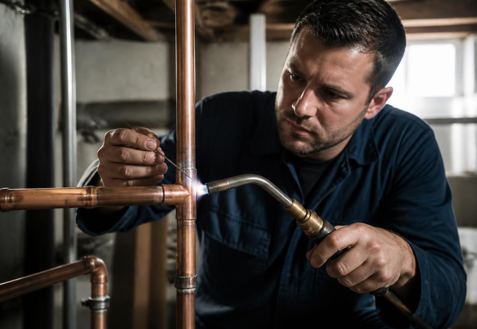 Plumber soldering a copper pipe joint