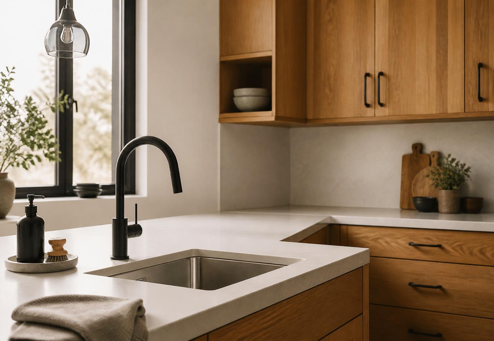Newly installed kitchen sink and faucet