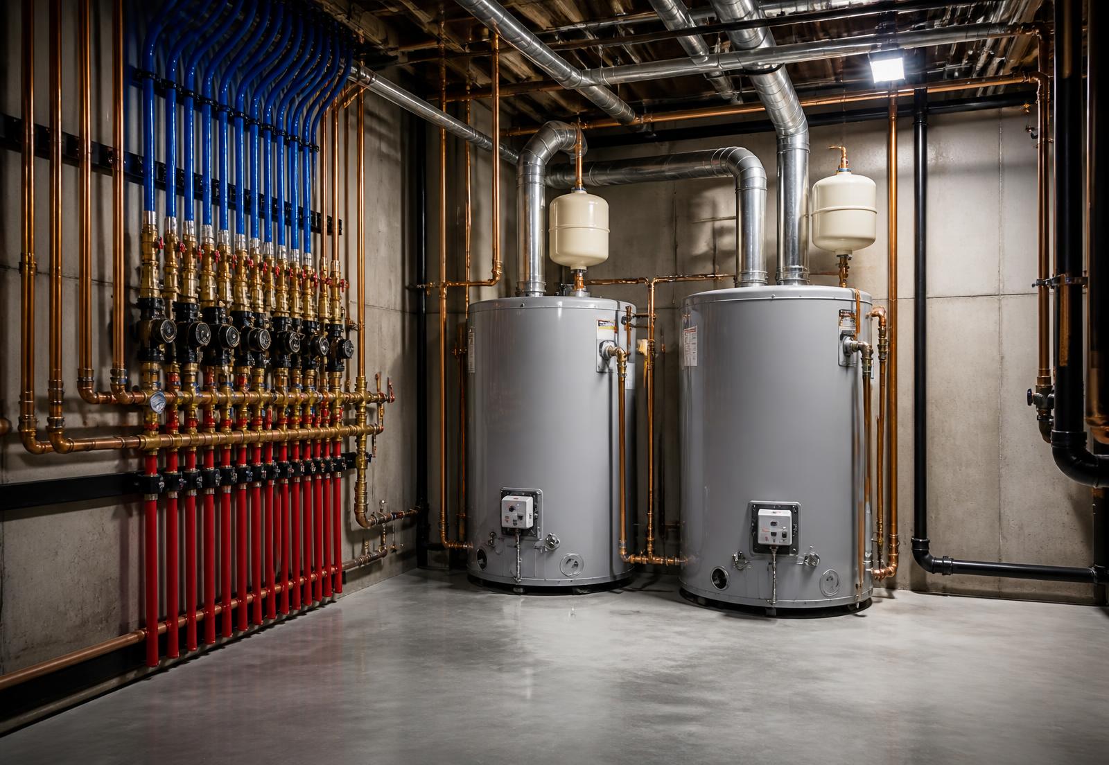 Clean mechanical room with organized copper piping and water heaters