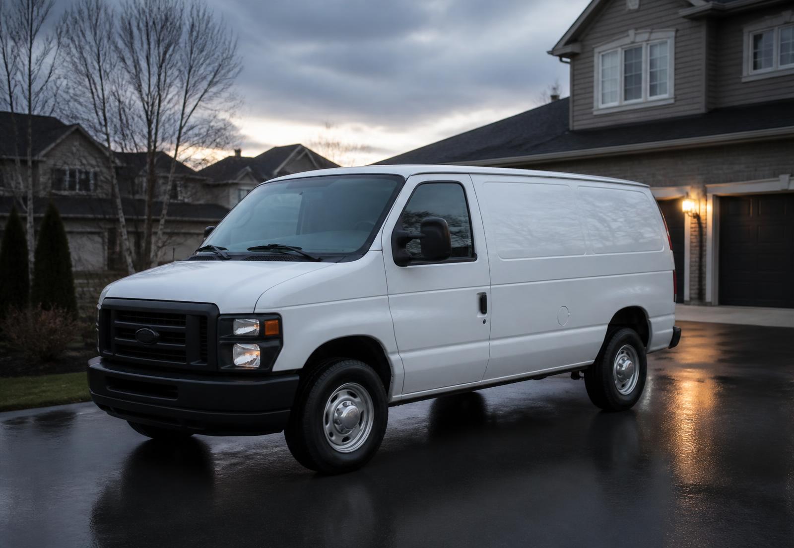 Service van parked on a residential driveway at dusk